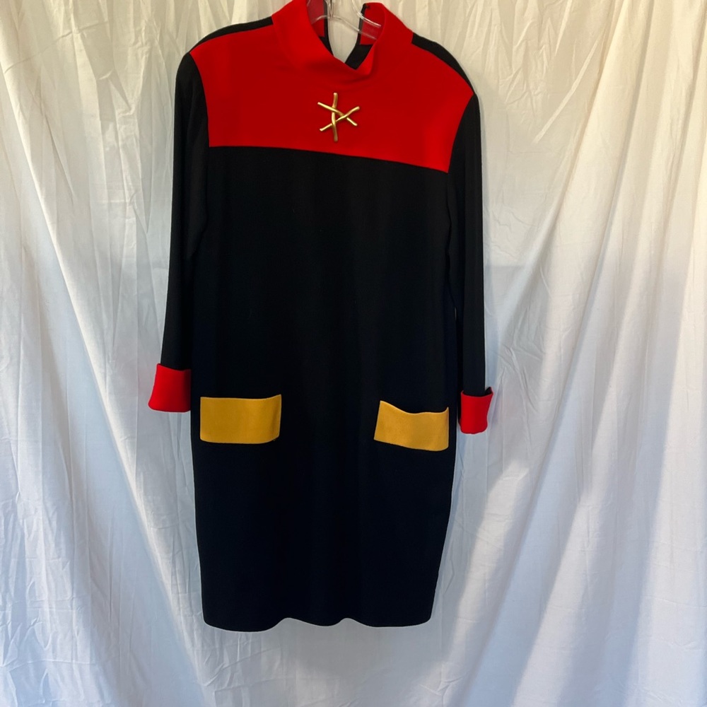 Vintage Steve Fabrikant For Saks Color Block Wool Dress Pockets Gold Accents 10